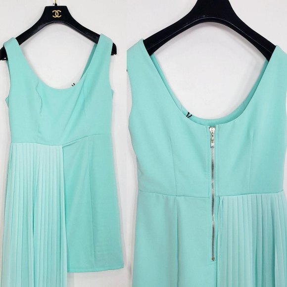 NEW KOR@KOR Italy Green Sheath Mini Dress MEDIUM Pleated Overlay Side Sleeveless - Picture 7 of 13